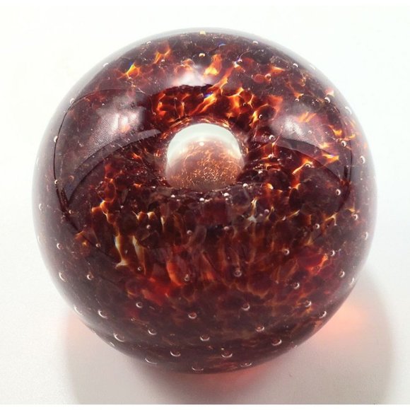 Vintage Paperweight Brown & Amber Speckled Blown Glass Eye Style Flower Image - Picture 2 of 8